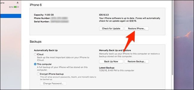 iTunes: кнопка 'Restore iPhone' для восстановления устройства