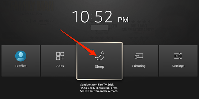 Выделена опция «Спящий режим» в интерфейсе Fire TV.
