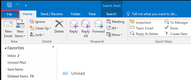 Кнопка Файл в Outlook