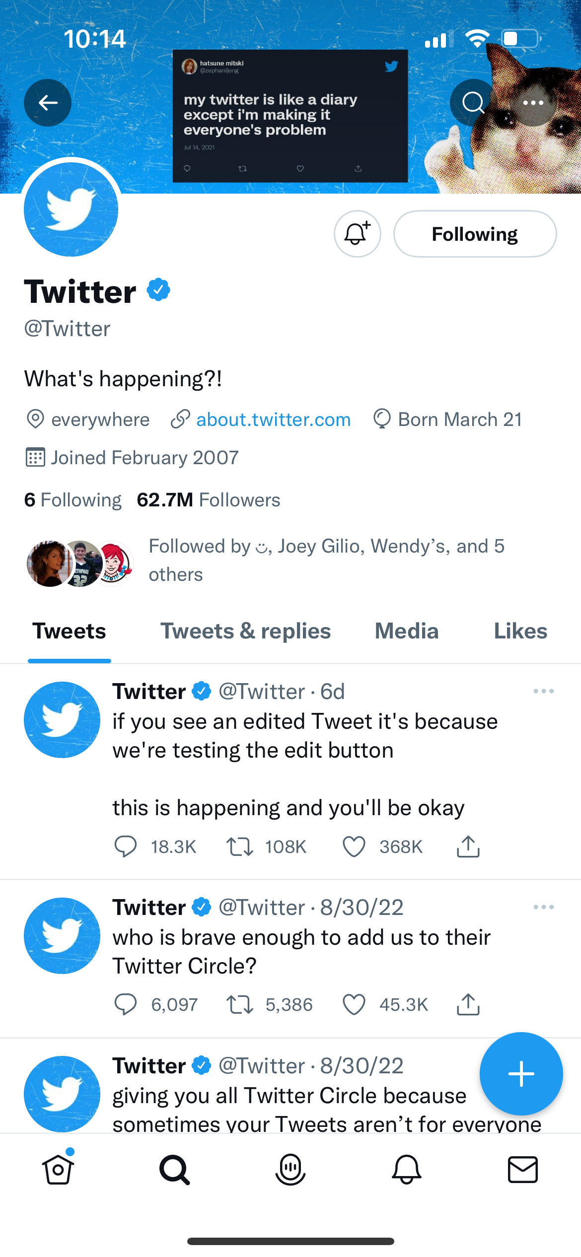 Профиль пользователя в приложении Twitter