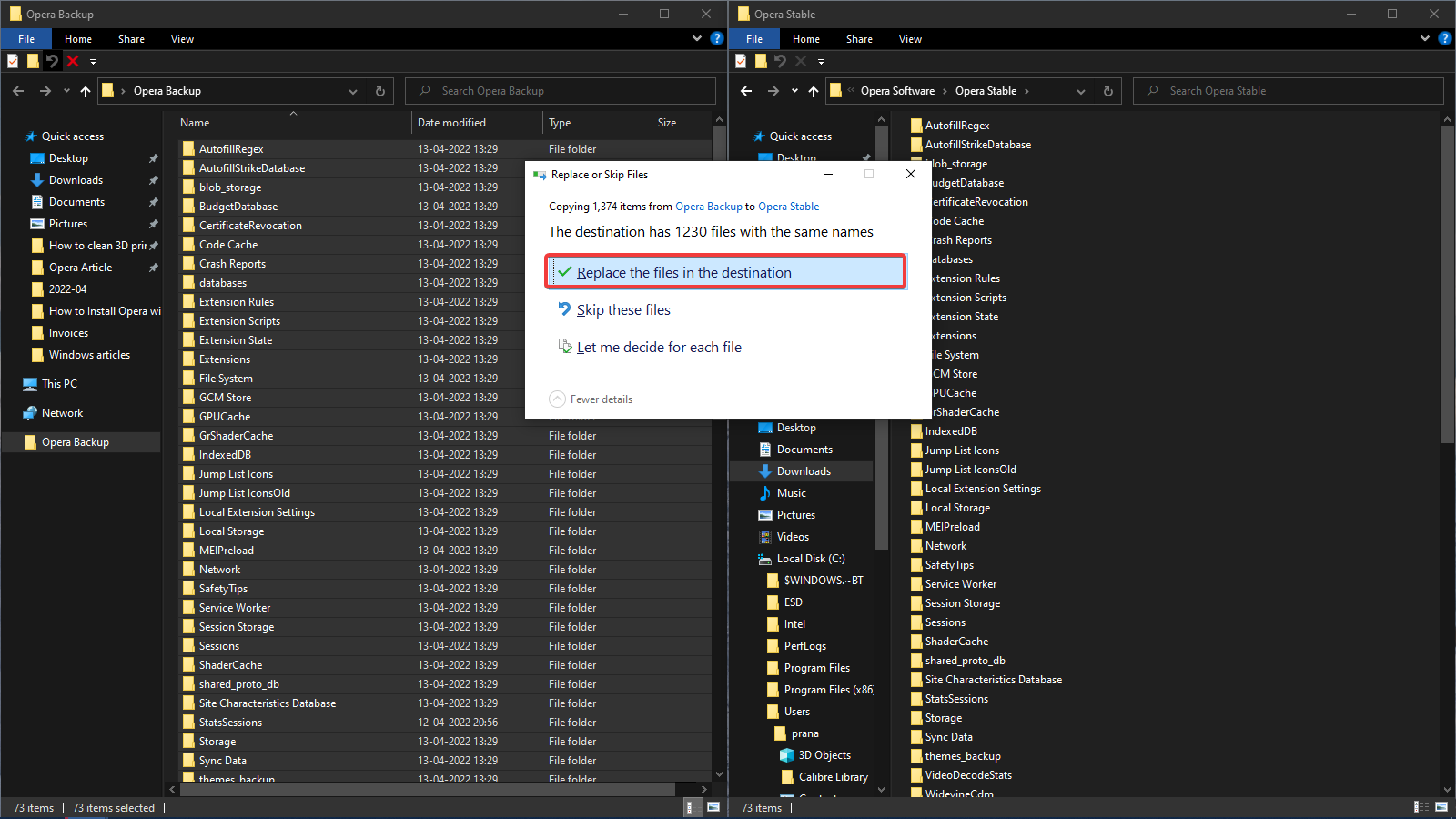 Скриншот: замена файлов в папке профиля Opera
