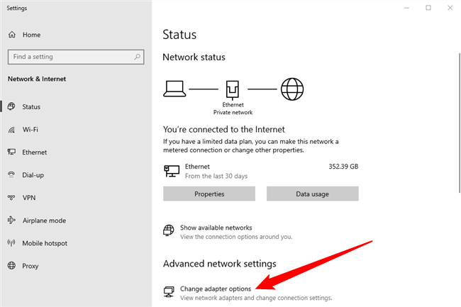 Выберите Изменение параметров адаптера