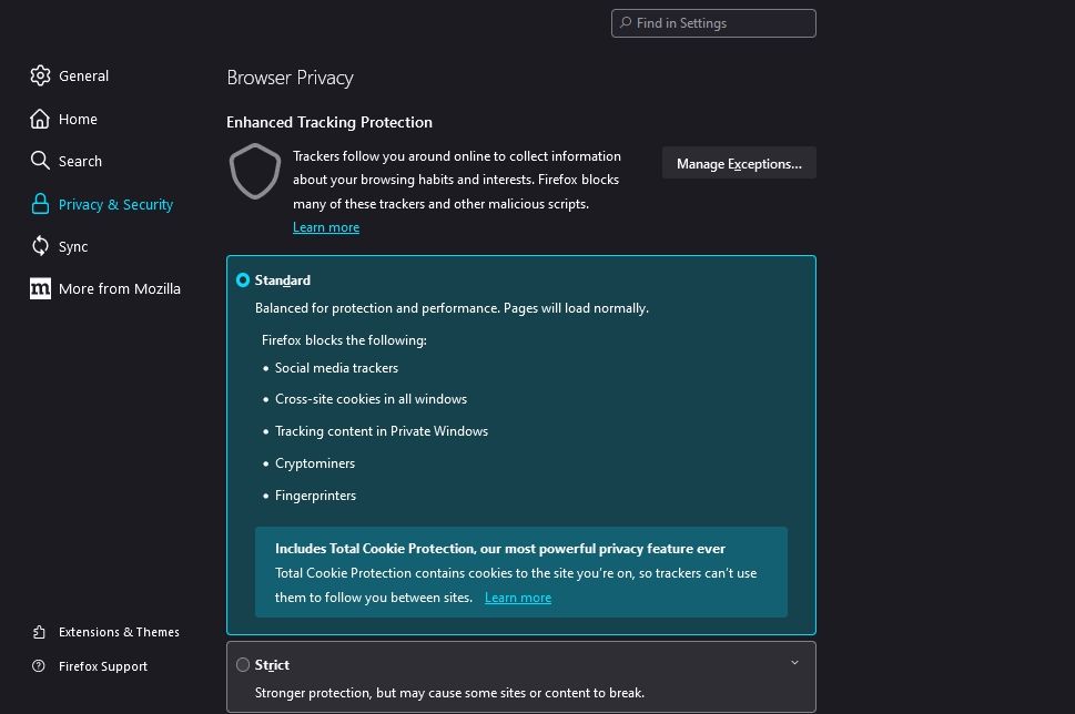 Скриншот страницы конфиденциальности Firefox