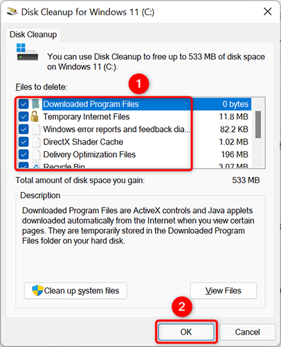 Интерфейс Disk Cleanup с опциями удаления файлов.