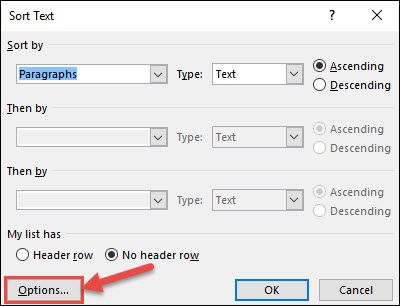 Параметры сортировки — окно 'Параметры' для разделителя слов