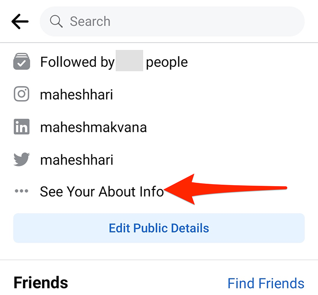 Кнопка «Посмотреть сведения о себе» на странице профиля в приложении Facebook.