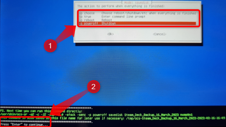 Выбор действия после завершения операции
