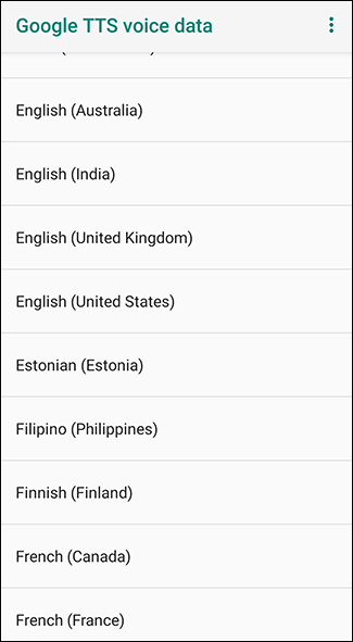 В меню голосов Google TTS выберите язык региона
