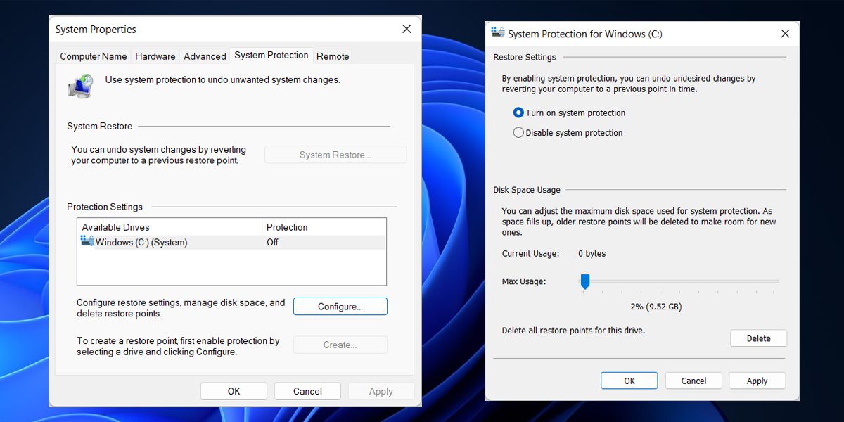 Enable system restore in Windows 11