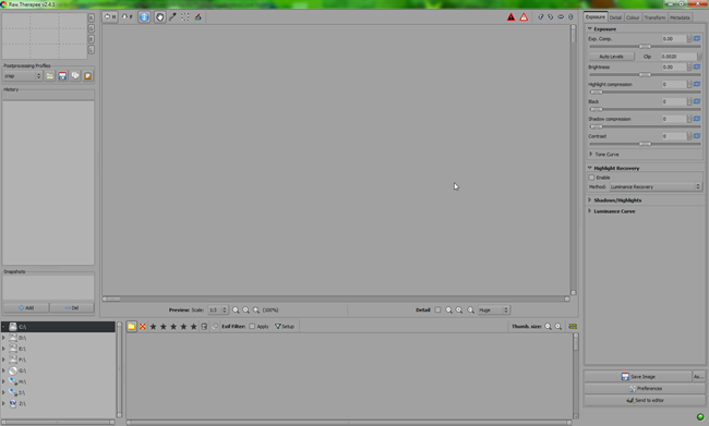 RawTherapee: дерево файлов и панель предпросмотра