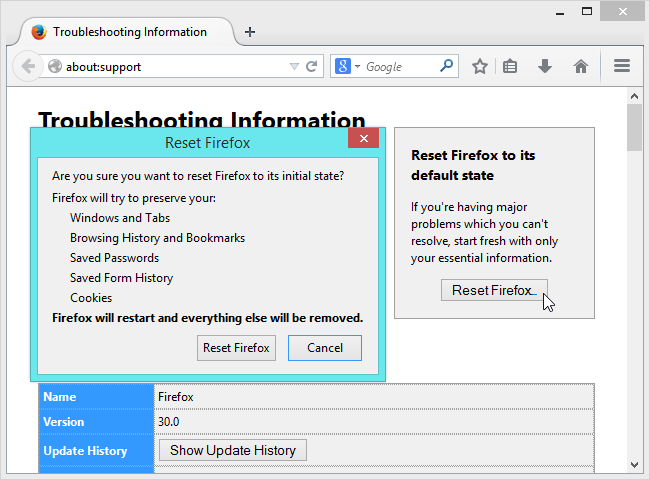 Кнопка сброса настроек в Firefox