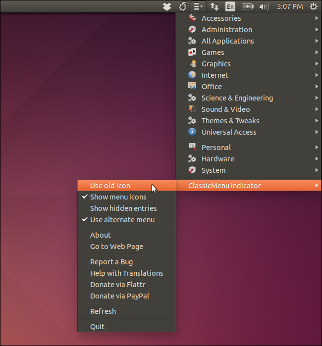 Подменю ClassicMenu Indicator с настройками