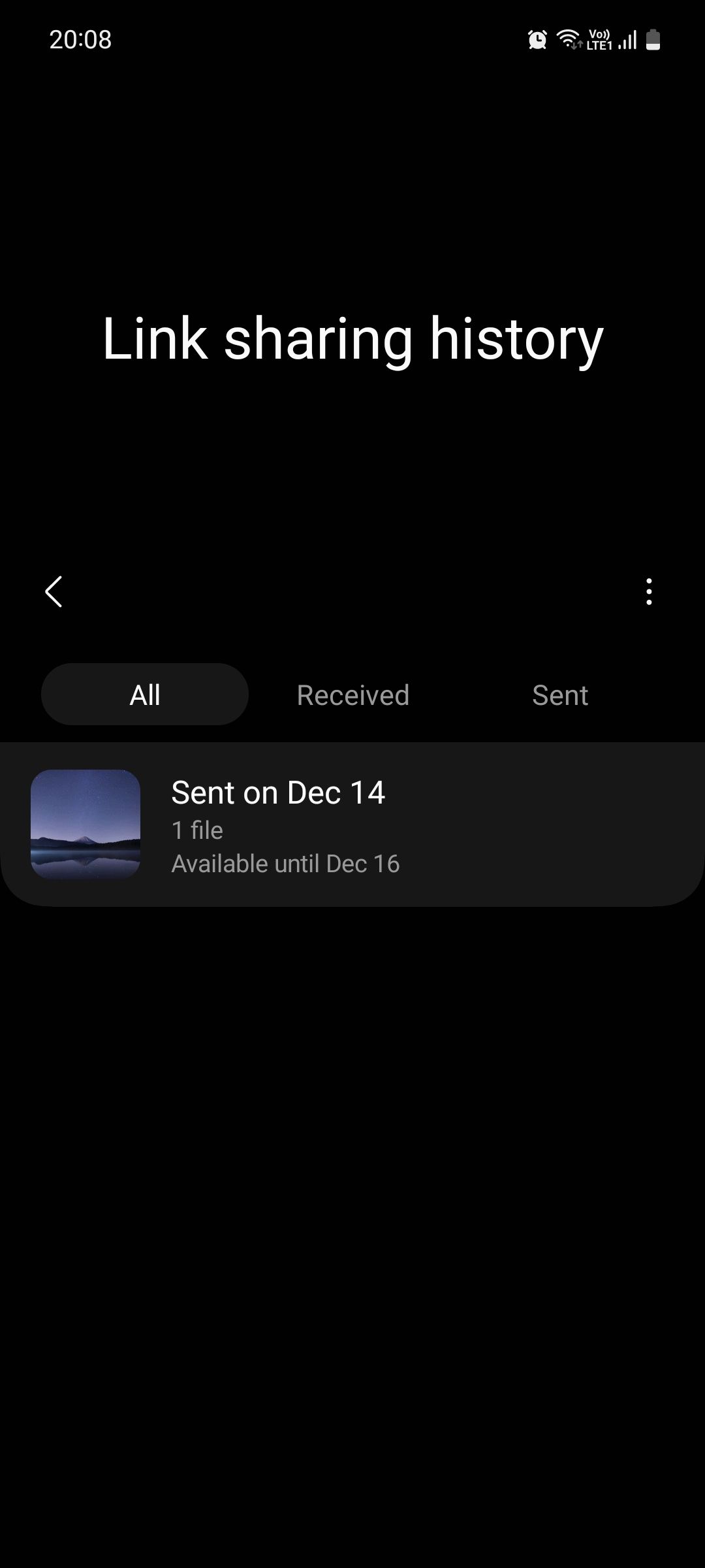 История ссылок в Quick Share с деталями файлов