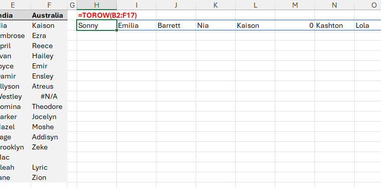 TOROW превращает 2D массив в одну строку.
