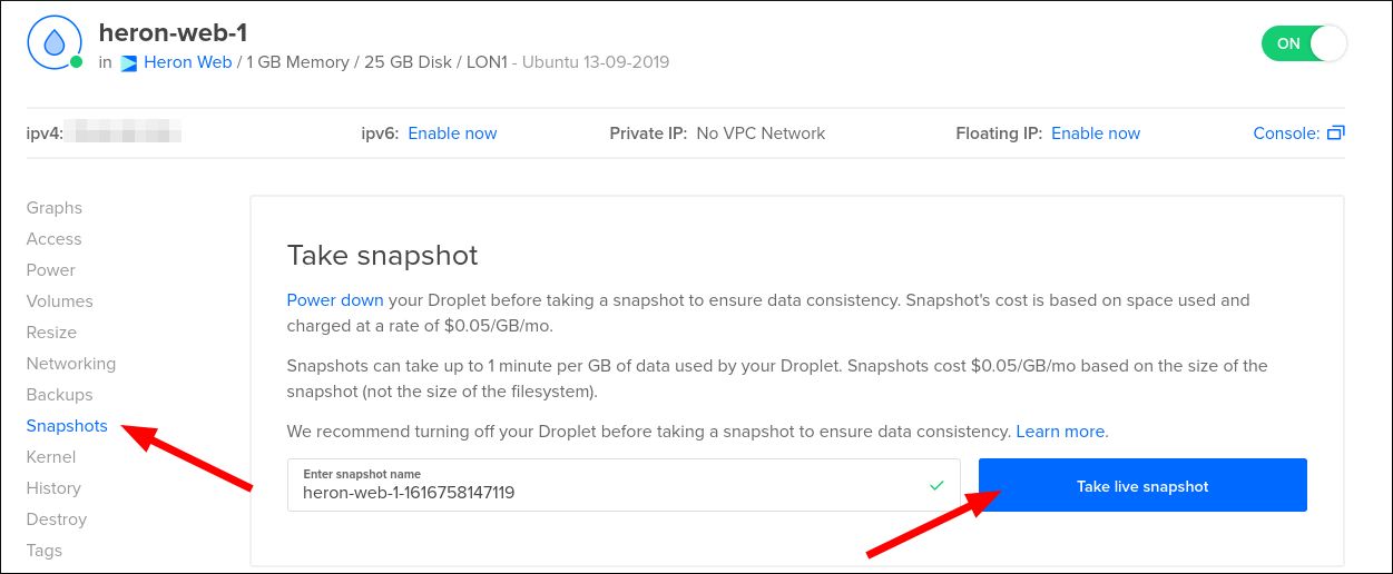 Создание snapshot в панели DigitalOcean