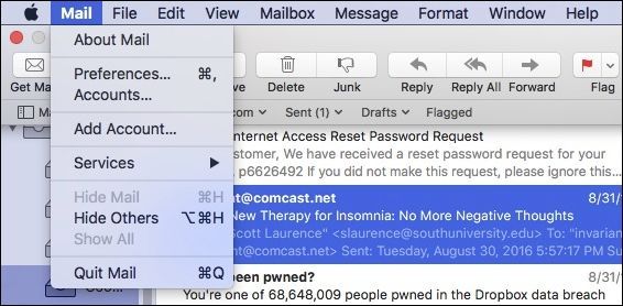 Открыть настройки Mail