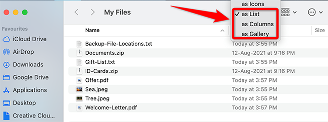 Change the view type in Finder.