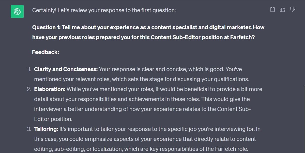 Запрос обратной связи у ChatGPT на примеры ответов