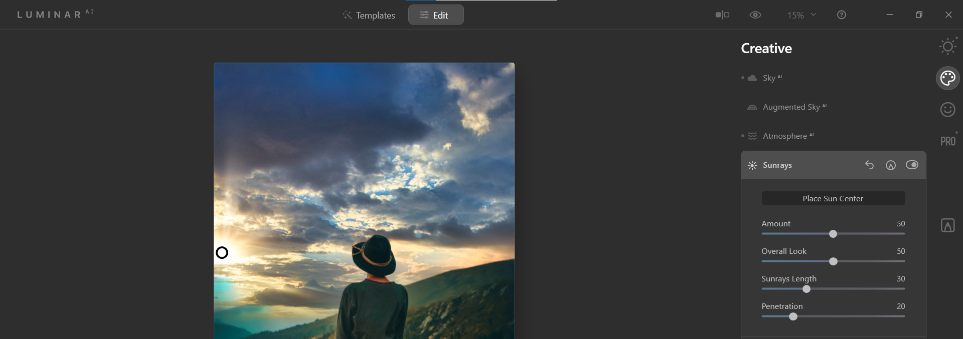 Настройка лучей для заката — скриншот