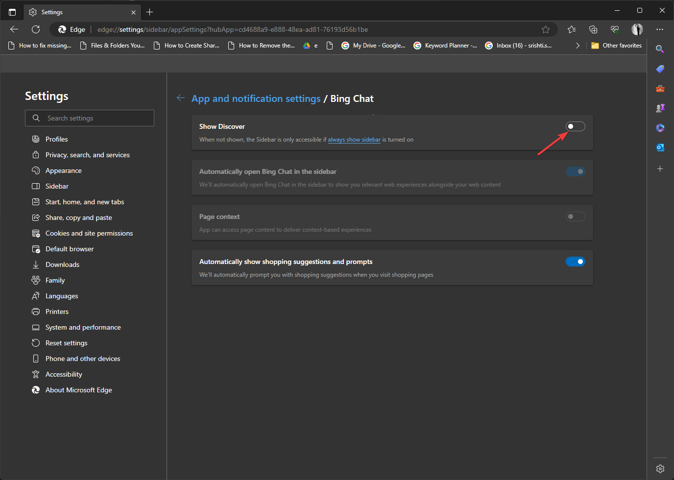 Переключатель «Show Discover» выключен в настройках Edge