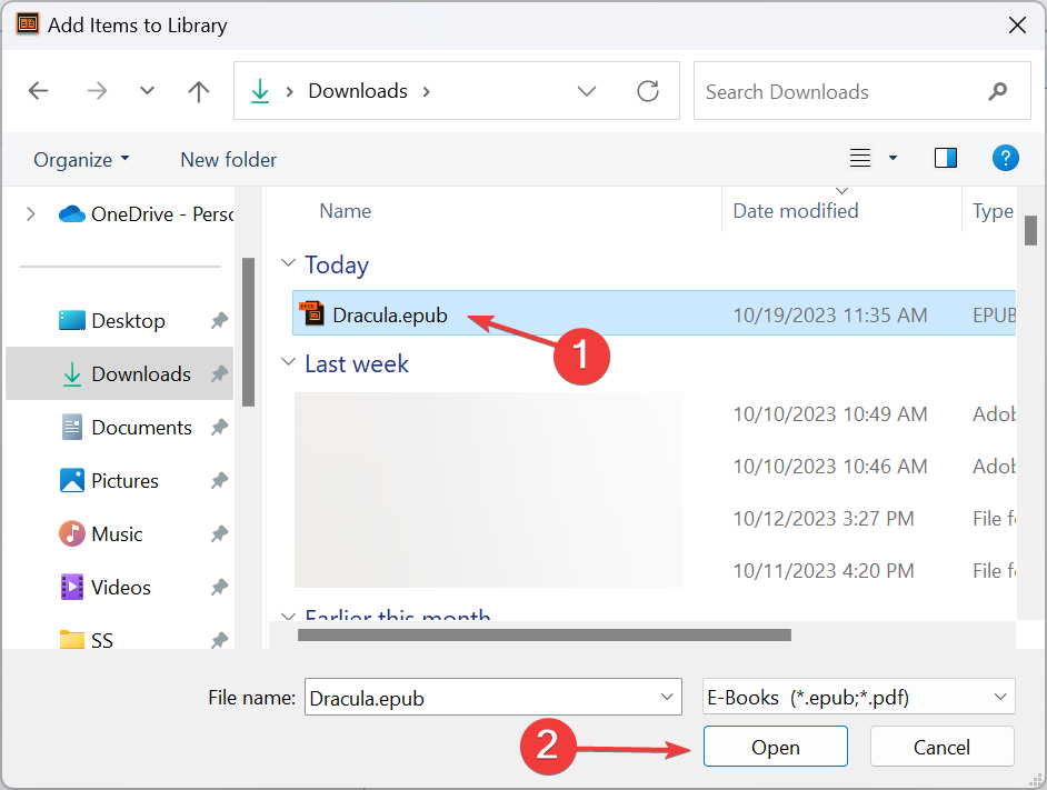 Выбор EPUB файла через диалог открытия
