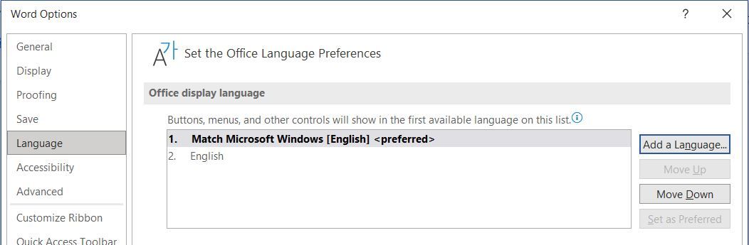 Окно выбора добавления языка