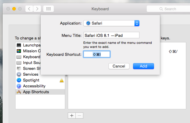 Настройка сочетания клавиш в macOS для переключения user agent в Safari