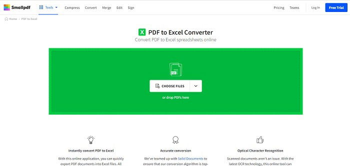 Главная страница конвертера SmallPDF для PDF в Excel.