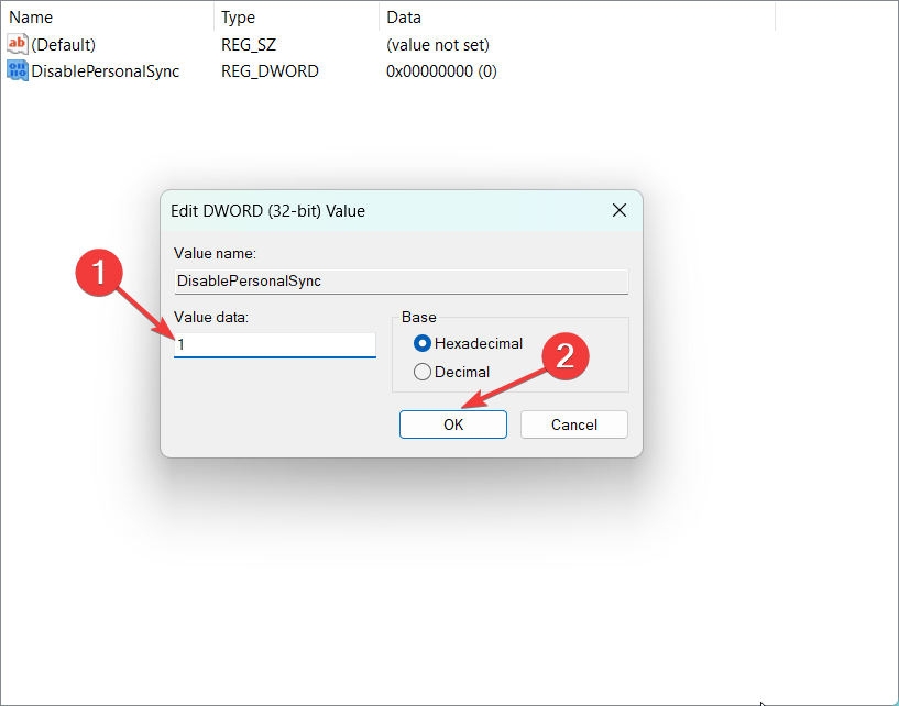 Задание значения DisablePersonalSync = 1