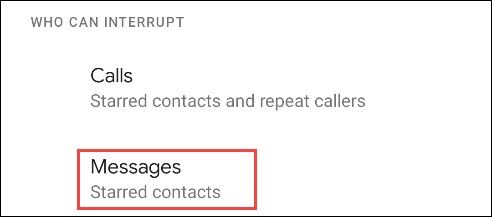 Раздел 'Сообщения' в настройках 'Не беспокоить'