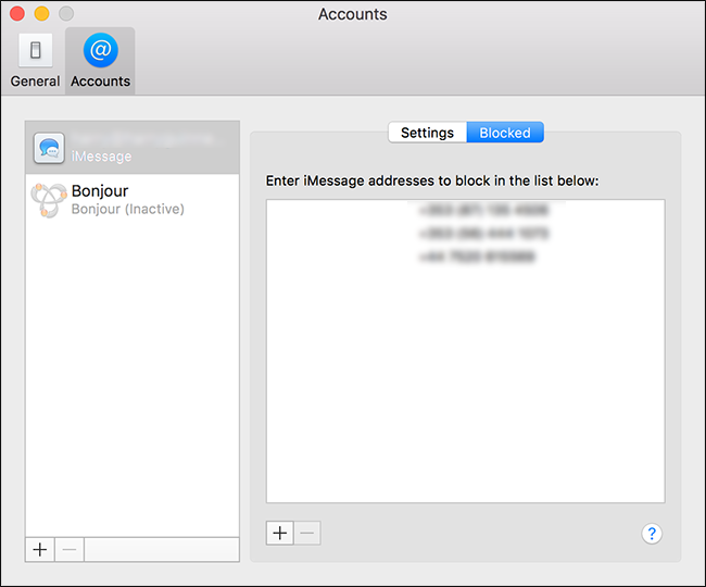 Вкладка Заблокированные в настройках Сообщений