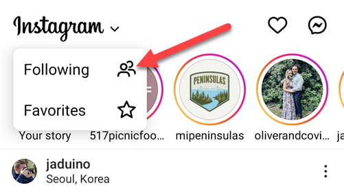 Выбор вкладки «Подписки» в ленте Instagram.
