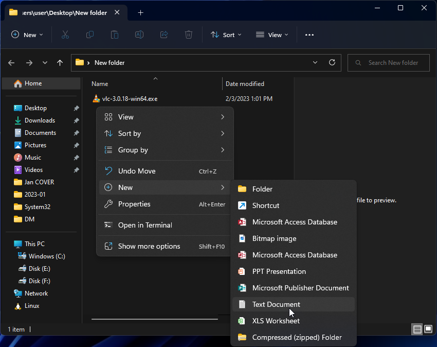 Создать текстовый документ в Проводнике