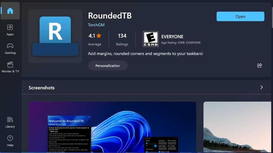 Страница приложения RoundedTB в Microsoft Store