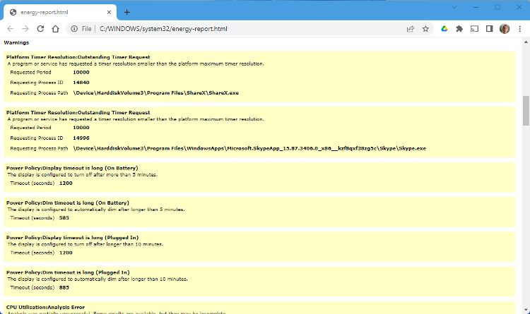Раздел предупреждений в отчёте энергопотребления Windows