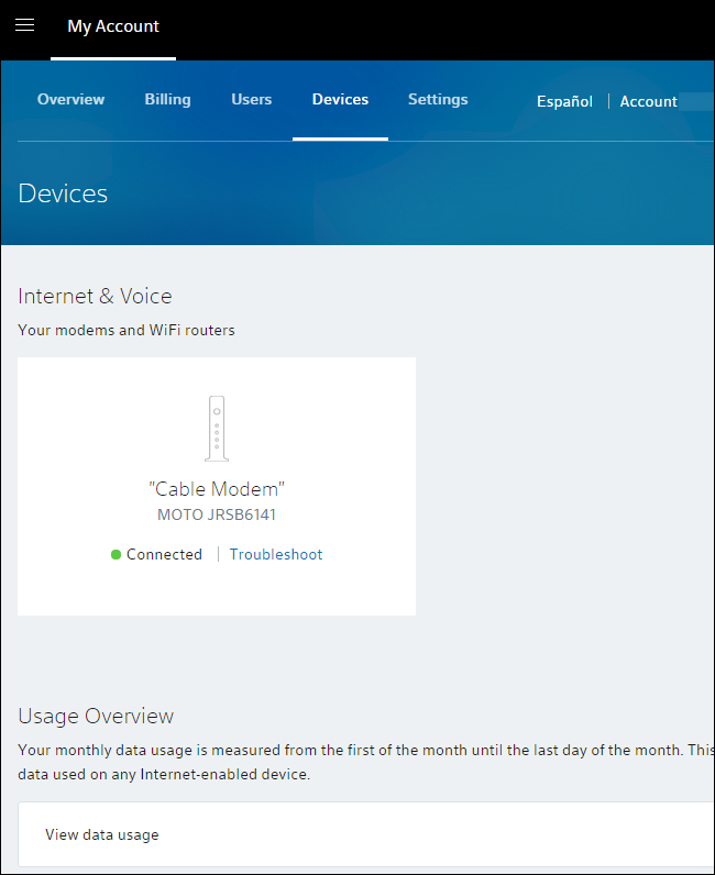 Скриншот вкладки Devices и ссылки View data usage на My Account