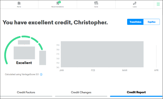 Скриншот интерфейса Credit Karma с отчётом и переключателем бюро