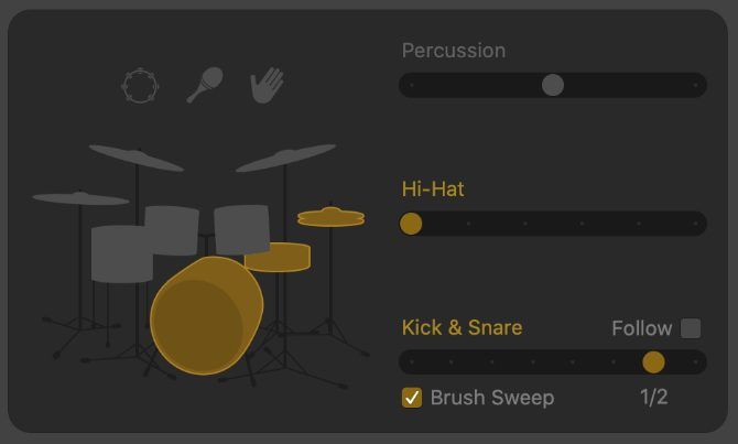 Kick & Snare pattern variation showing half-time and Brush Sweep options