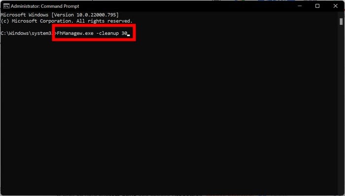 Пример использования FhManagew.exe для очистки истории
