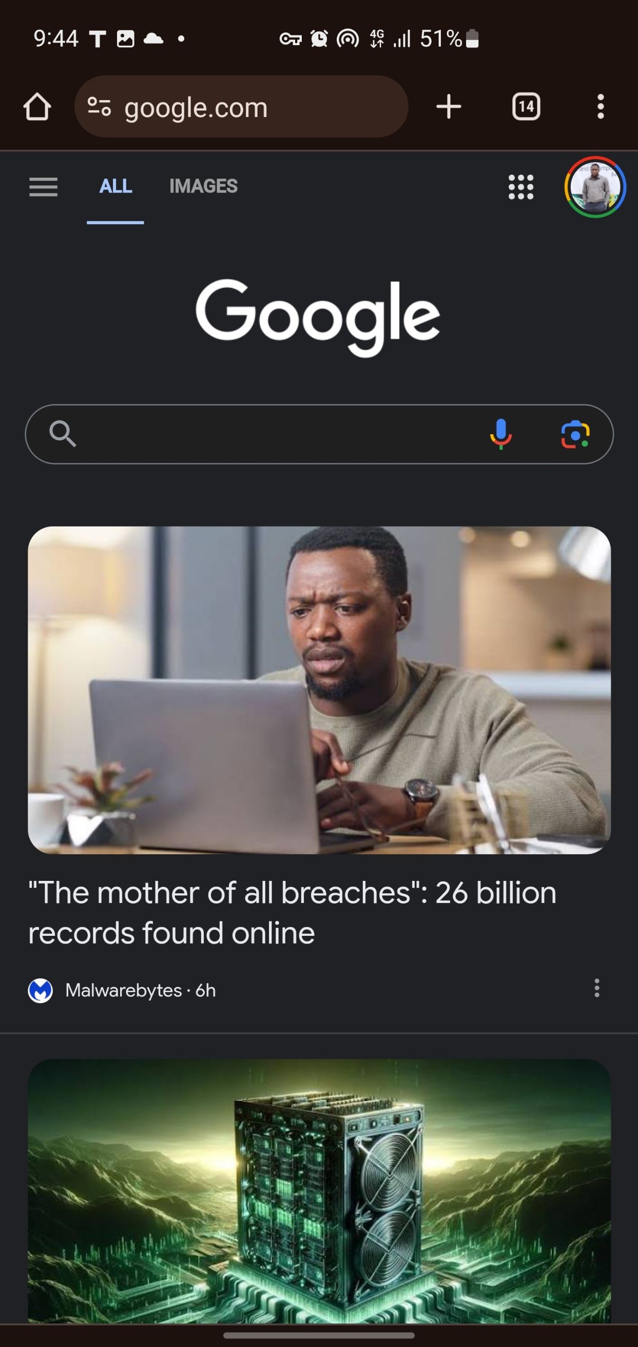 Скриншот страницы Google в Chrome на мобильном устройстве