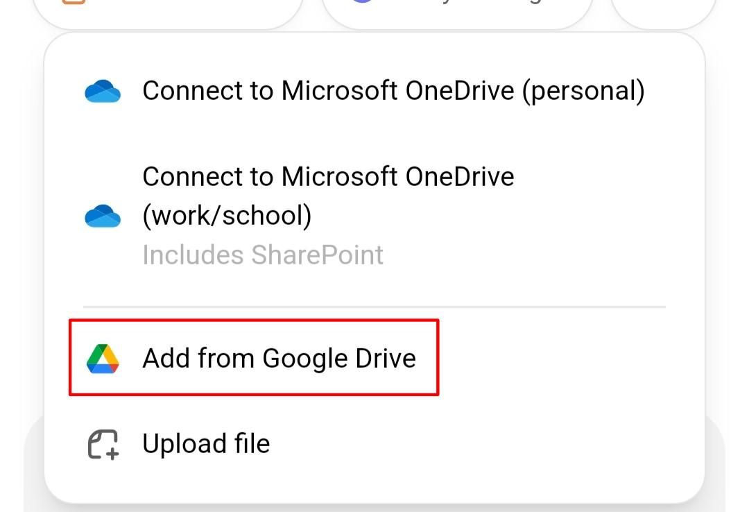 'Опция «Добавить из Google Drive».'