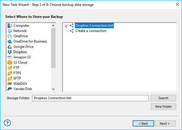 Finestra di accesso account Dropbox in Handy Backup