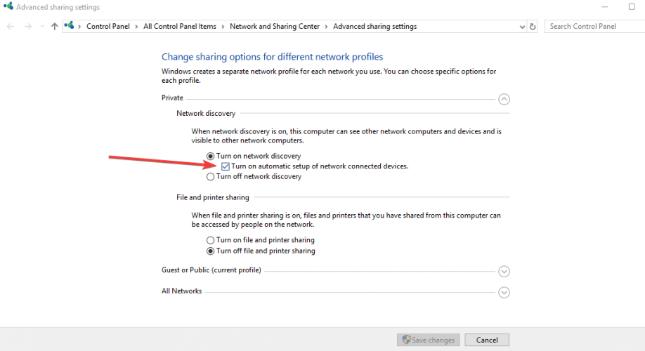 Включение обнаружения сети в параметрах Windows