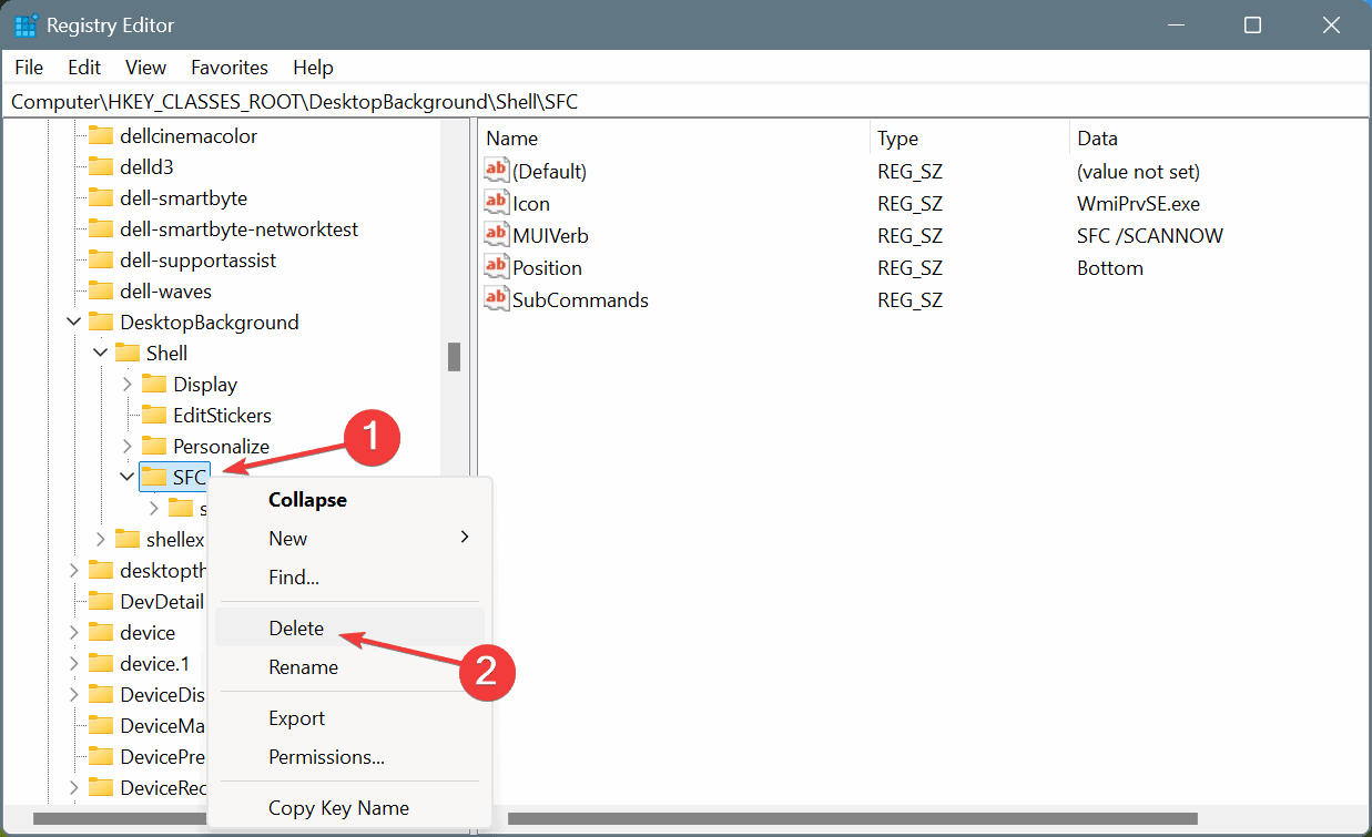 Удаление ключа SFC в редакторе реестра