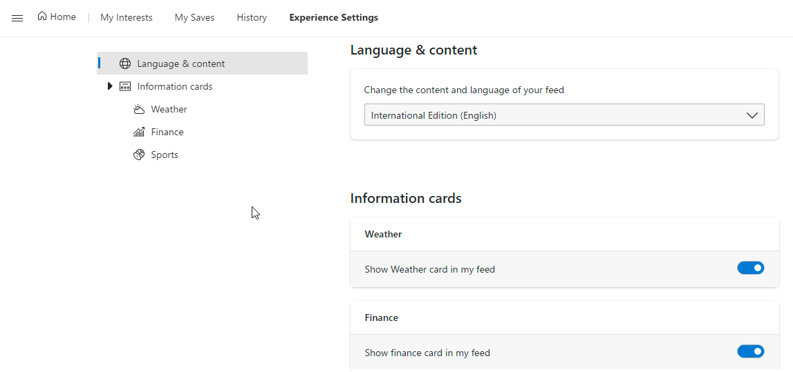 Вкладка «Параметры опыта» в Microsoft Start