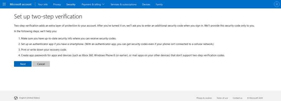 Skype 2SV Set up 2SV page click Next