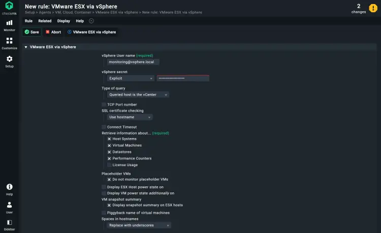Конфигурация правила VMware в Checkmk