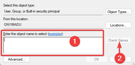 Поле ввода имени учетной записи Microsoft в разрешениях