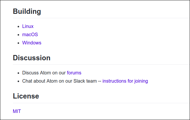 Фрагмент README.md в репозитории редактора Atom на GitHub