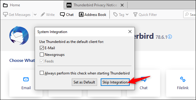 Диалог Thunderbird: нажмите «Пропустить интеграцию».